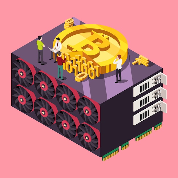 Gpu minería concepto de bitcoin. ilustración isométrica