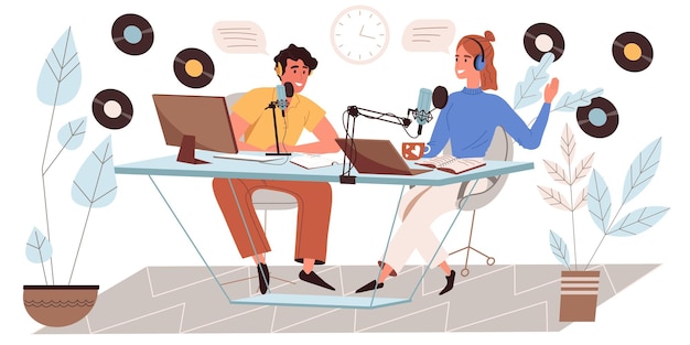 Vector grabación de concepto de podcast de audio en diseño plano. el hombre y la mujer hablan con micrófonos, trabajan en computadoras, transmiten conversaciones o entrevistas en el estudio. podcast alberga escenas de personas. ilustración vectorial