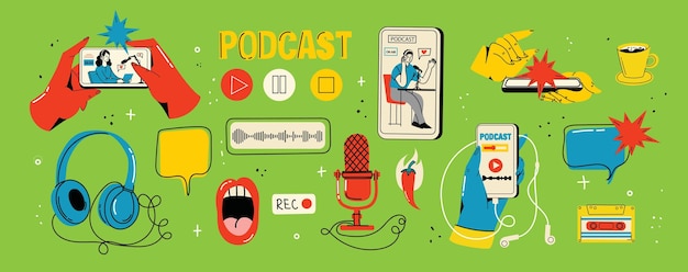 Grabación y escucha de podcasts, transmisión de radio en línea, concepto de servicio de transmisión de audio, ilustraciones aisladas vectoriales dibujadas a mano de auriculares, micrófono, portátil, ecualizador, burbujas de voz