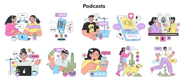 Grabación de personajes de podcast audio podcast o audio programa en línea presentador de radio entrevistando a la masa de invitados