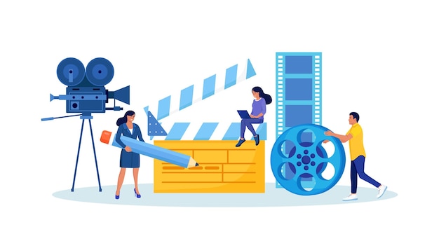 Vector grabación de personas hacer películas en el cine equipo de filmación hacer películas director de películas con megáfono claqueta carrete filmación personal de producción industria cinematográfica proceso cinematográfico entretenimiento