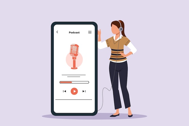 Grabación de podcast de audio o concepto de programa en línea Ilustración vectorial plana de colores aislada