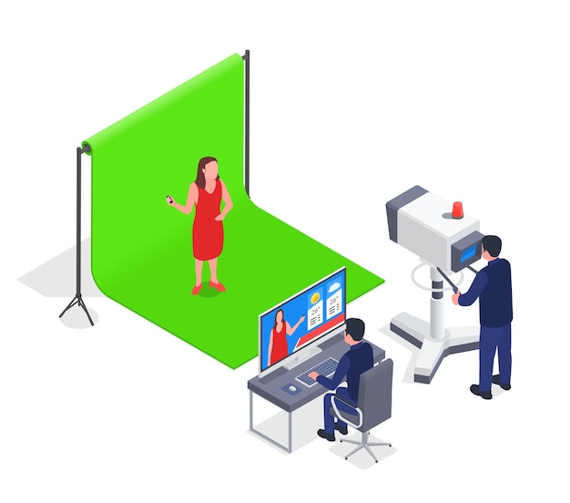 Grabación del pronóstico del tiempo en la composición isométrica del estudio de televisión con operador de camarógrafo y presentadora con ilustración de vector 3d cromakey