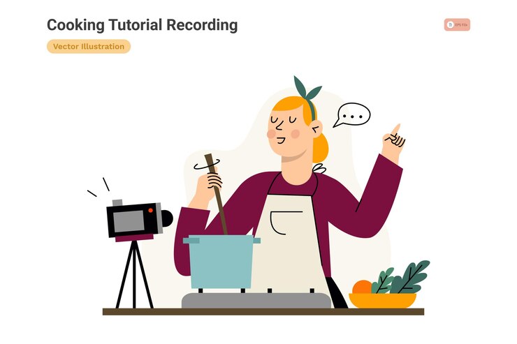 Vector grabación de tutoriales de cocina con un chef en la cocina