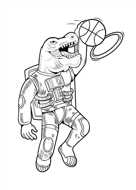 Grabado con astronauta t rex que juega baloncesto y hace slam dunk. ilustración de personaje de dibujos animados vintage comics estilo pop art aislado