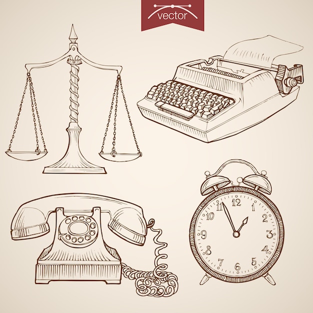 Vector grabado de la colección ley y justicia dibujados a mano vintage. lápiz sketch juez juicio libra, teléfono, reloj, máquina de escribir