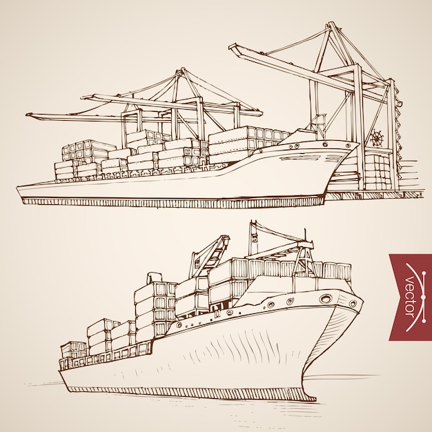 Grabado dibujado a mano vintage Barco entrega y descarga colección de contenedores de carga. Transporte de entrega de agua de dibujo a lápiz
