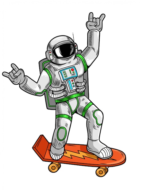 Vector grabado dibujar con astronauta astronauta divertido paseo en monopatín en traje espacial.
