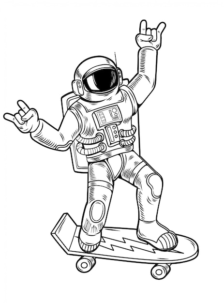 Grabado dibujar con divertido divertido astronauta astronauta paseo en patineta en traje espacial. Ilustración de personaje de dibujos animados vintage comics estilo pop art aislado