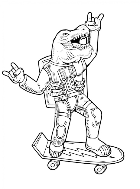 Grabado dibujar divertido gracioso tipo astronauta t rex tiranosaurio paseo en patineta en traje espacial. ilustración de personaje de dibujos animados vintage comics estilo pop art aislado
