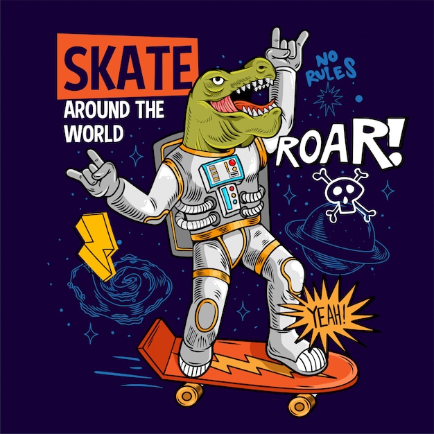 Grabado gracioso tipo genial en traje espacial skater dino green t rex paseo en patineta espacial entre estrellas planetas galaxias. arte pop de cómics de dibujos animados para ropa de diseño de impresión