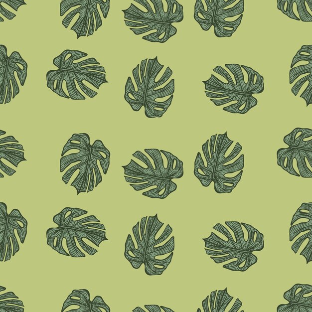 Grabado hoja monstera patrón sin costuras Fondo de hojas vintage Textura repetida en estilo dibujado a mano para tela papel de envolver papel tapiz tejido Ilustración vectorial