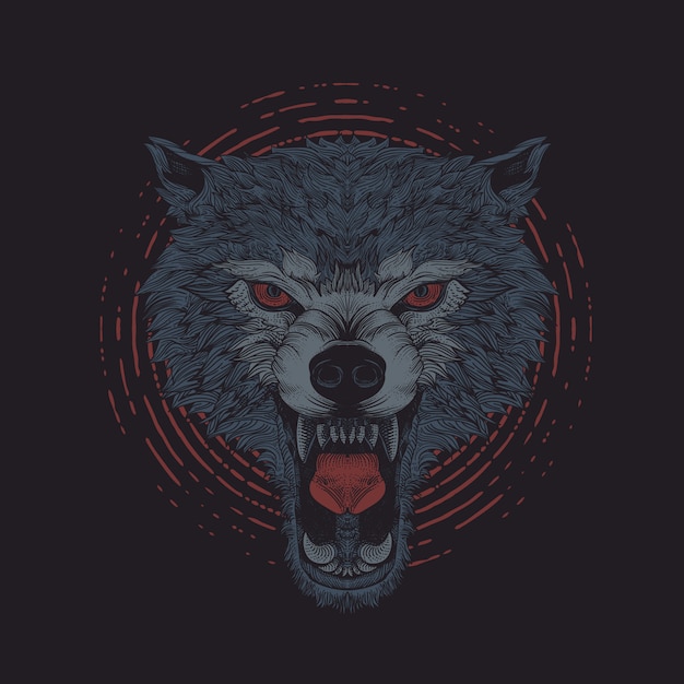 Vector grabado de lobo enojado