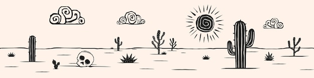 Grabado en madera del paisaje del desierto Fondo con estilo de cordel de cactus