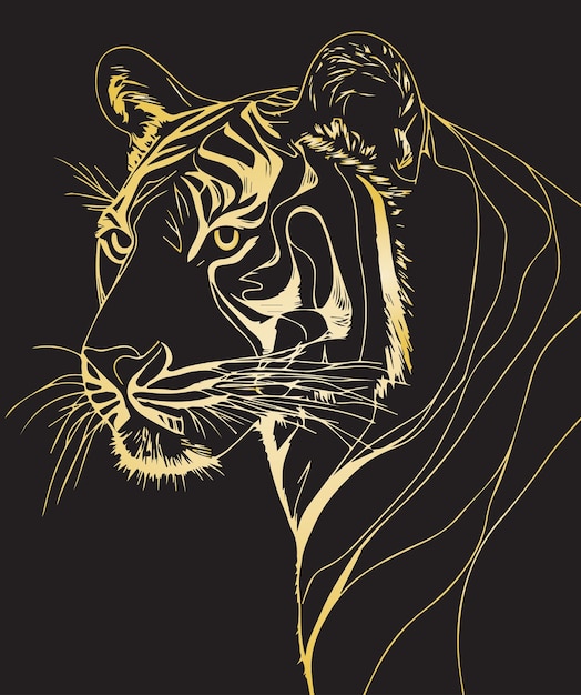 grabado en madera perfil lateral fotografía de tigre vívido oscuro noche estrellada blanco y dorado