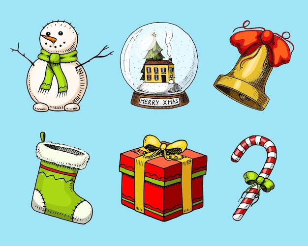 Grabado a mano dibujado en boceto antiguo y estilo vintage para la etiqueta Feliz Navidad o Navidad y Año Nuevo Colección decoración de vacaciones de invierno muñeco de nieve y regalo de campana y botas de fieltro de piruleta globo de nieve