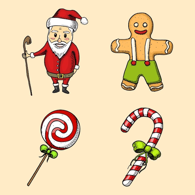 Vector grabado a mano dibujado en boceto antiguo y estilo vintage para la etiqueta feliz navidad o navidad y año nuevo colección decoración de vacaciones de invierno piruleta y santa claus y pan de jengibre