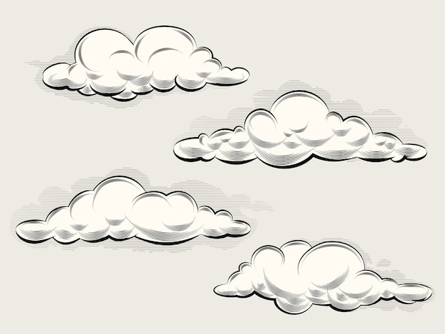 Grabado de nubes. Elementos vintage de arte y diseño. Ilustración vectorial