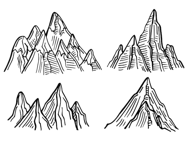 Grabado del pico de las montañas. Bosquejo vintage grabado del valle con paisaje de montaña