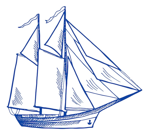Grabado de veleros. Esbozo de goleta. Dibujo de yate
