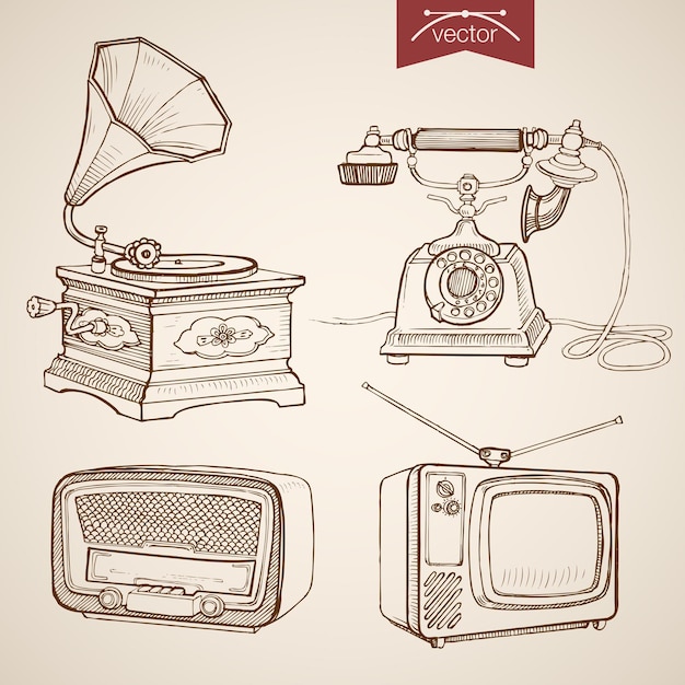 Vector grabado vintage dibujado a mano video música y colección de equipos de sonido retro. dibujo a lápiz teléfono, gramófono, radio, medios de tv