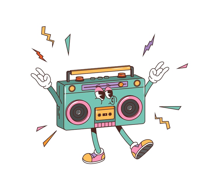 Vector grabadora de cinta retro groovy o personaje de la caja de sonido