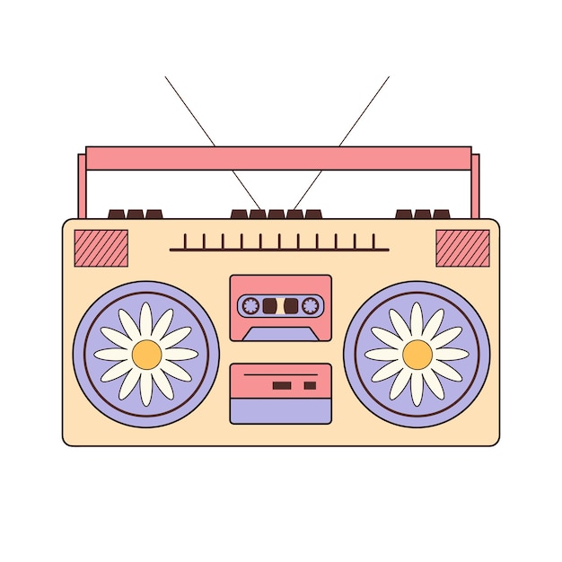 Vector grabadora retro hippie caja de auge musical vintage con margaritas