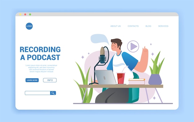 Grabar un concepto de podcast con un joven presentador de radio transmitiendo un podcast en un apartamento de estudio