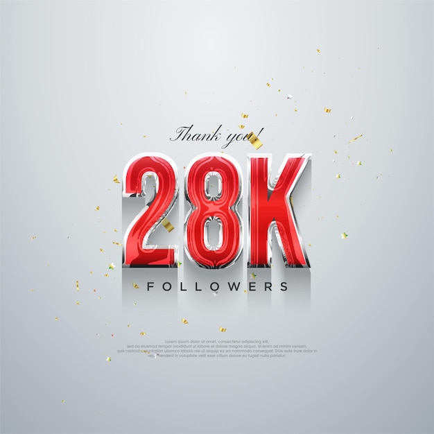 Gracias 28k seguidores diseño de números rojos sobre un fondo blanco