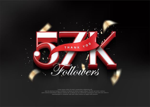 Gracias 57k seguidores con números 3d con cinta roja.