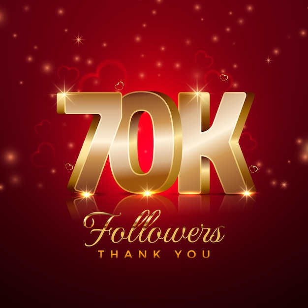 Gracias 70 mil seguidores feliz celebración banner estilo 3d fondo rojo y dorado