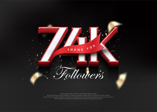 Gracias 74k seguidores con números 3d con cinta roja.
