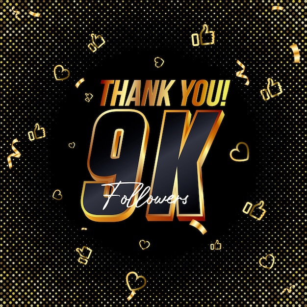 Gracias 9K seguidores 3d Gold y Black Font y confeti Vector ilustración 3d números