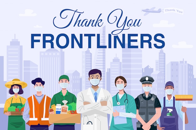 Gracias concepto de Frontliners. Diversas ocupaciones personas con mascarillas.