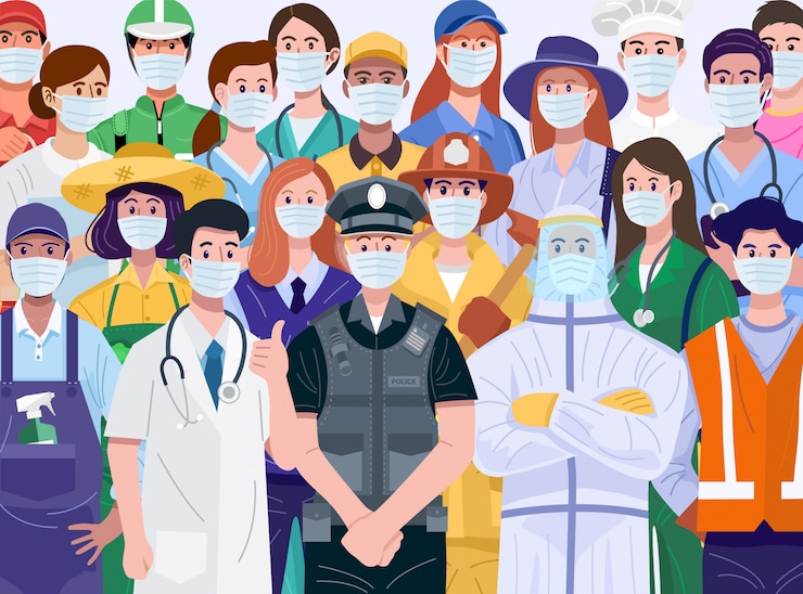 Gracias concepto de trabajadores esenciales. Diversas ocupaciones personas con mascarillas. Vector