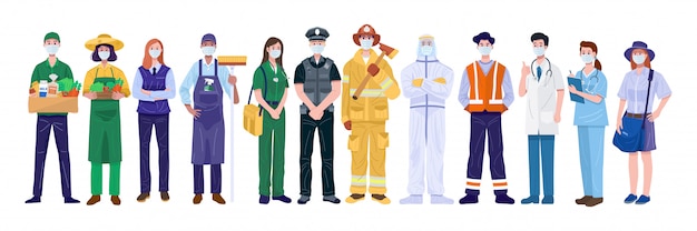 Gracias concepto de trabajadores esenciales. Diversas ocupaciones personas con mascarillas.