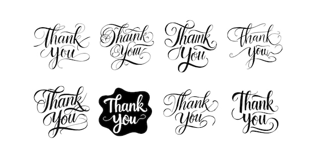 Gracias conjunto de tipografía vectorial letra a mano negra en blanco ilustración de caligrafía elegante