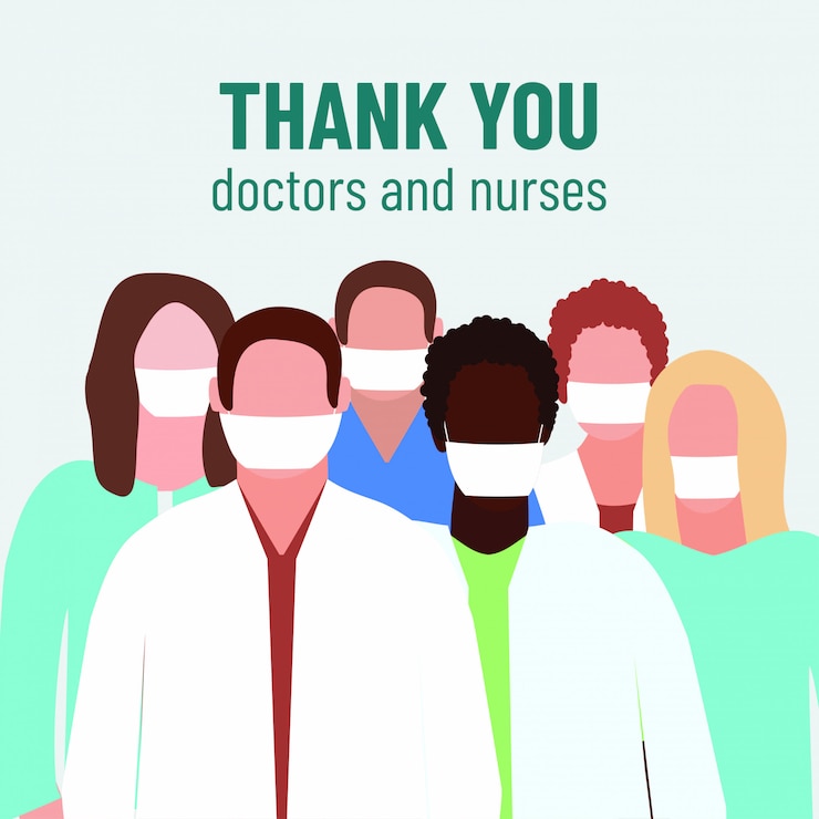 Gracias doctores y enfermeras. Ilustración médica Héroe de los virus Covid-19