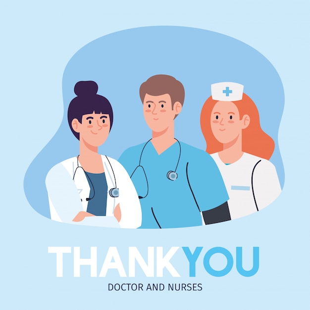 Gracias médico y enfermeras que trabajan en hospitales, personal médico y enfermeras que luchan contra el coronavirus covid 19 diseño de ilustración