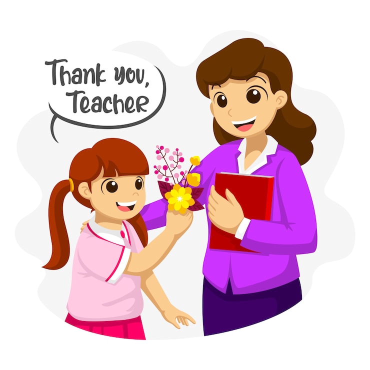Vector gracias profesor. una estudiante le da flores a su maestra. ilustración plana del día del maestro.