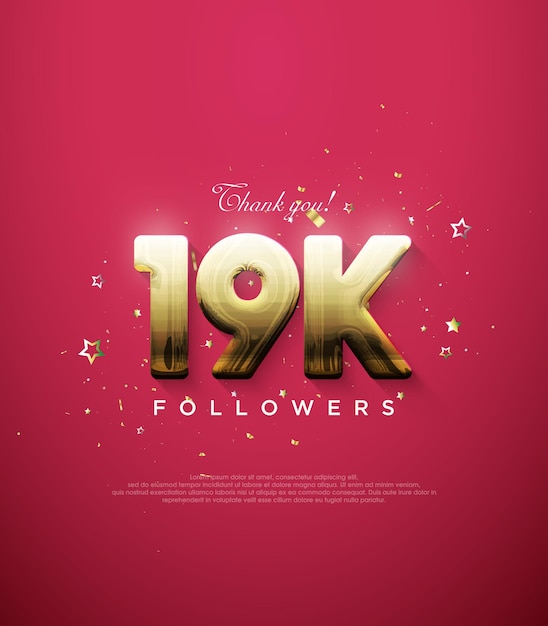 Gracias a los seguidores por 19k con elegantes números dorados sobre un fondo rojo.