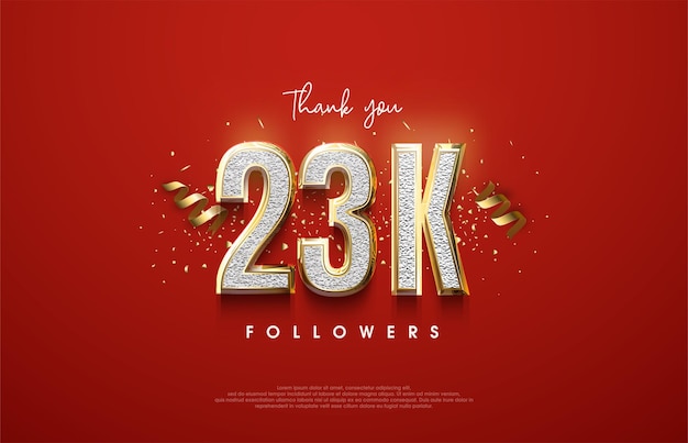 Gracias seguidores por 23k con elegantes números dorados sobre un fondo rojo.