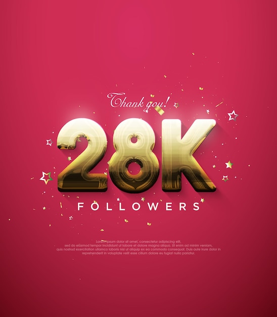 Gracias seguidores por 28k con números dorados de fantasía en un fondo rojo