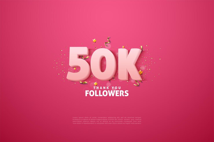 Vector gracias a los seguidores de 50k con números blancos suaves sobre un fondo rosa.