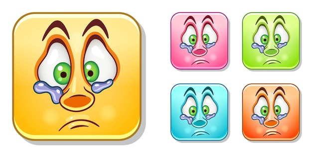 Graciosa cara emoji triste llorando. Cara cómica de dibujos animados en colores vivos.