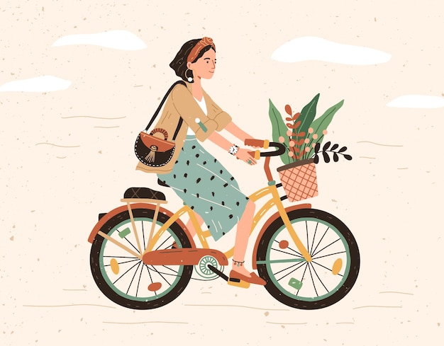 Graciosa chica sonriente vestida con ropa elegante montando en bicicleta con ramo de flores en la cesta delantera. linda mujer joven feliz en bicicleta. adorable ciclista femenina. ilustración vectorial colorida de dibujos animados planos.