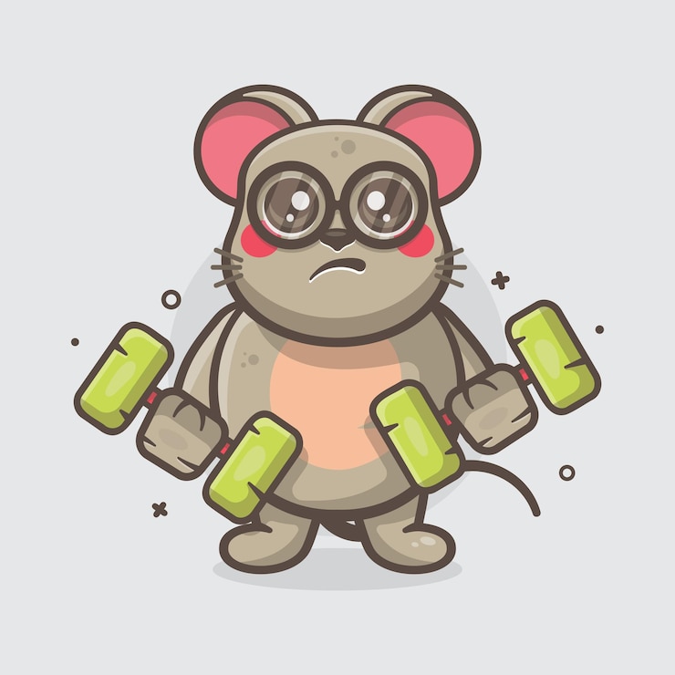 Vector graciosa mascota de personaje animal ratón haciendo culturismo usando dibujos animados aislados con mancuernas
