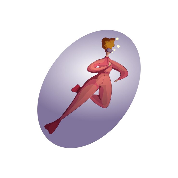 Vector graciosa mujer regordeta nadando bajo el agua recreación activa en el mar joven pelirroja en traje de neopreno y máscara ocio de verano tema de snorkel diseño vectorial dibujado a mano aislado en fondo blanco