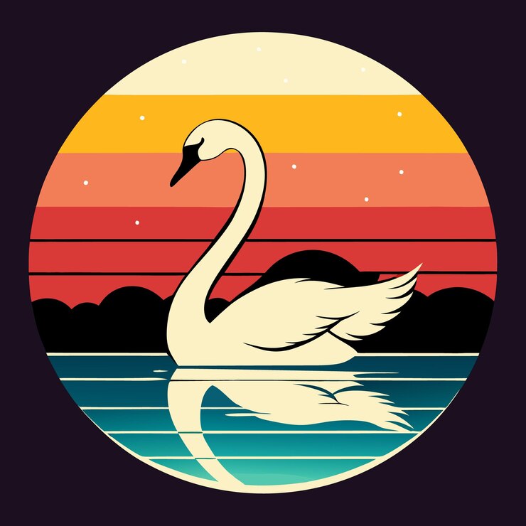 Vector graciosa silueta de cisne mudo en el agua con puesta de sol retro