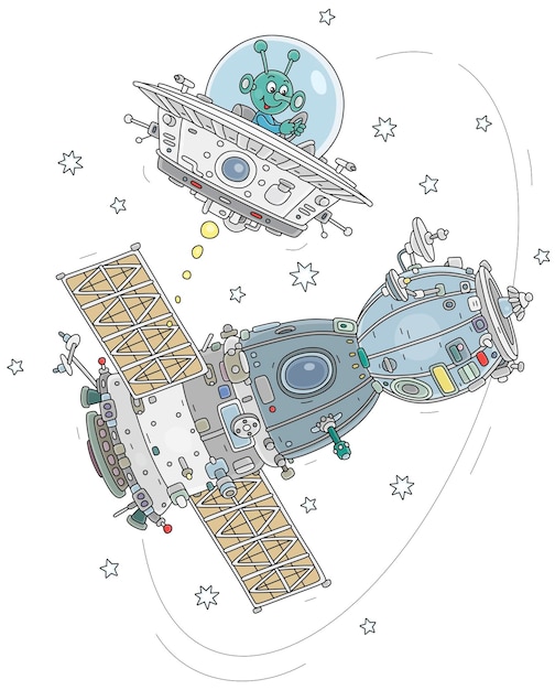 Gracioso alienígena pilotando un platillo volador dando vueltas alrededor de una nave espacial en órbita planetaria